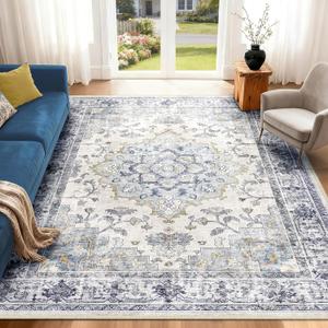 Machine Washable Rugs Nursery Rug 6x9 Cute Girl Non Slip Low Pile Water Repellent Soft Print Pattern for Bedroom Indoor Decor Kids Playroom Blue white