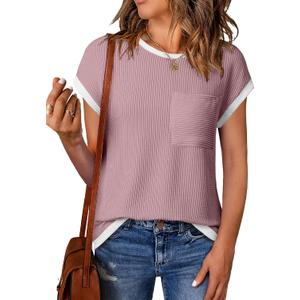 EVALESS Women's Short Sleeve T Shirts Crewneck Color Block Ribbed Knit Tee Blouses 2025 Trendy Summer Tops Size Small