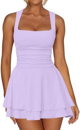 Kaximil Women's Square Neck Ruffle Hem Mini Dress Ruched Waist Short Party Dresses, Medium