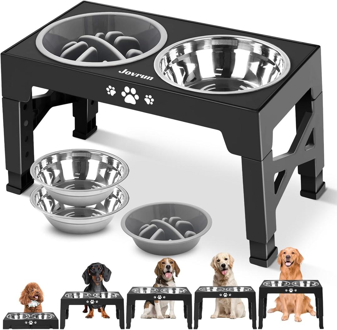 Elevated Dog Bowls, Dog Feeder with 2 Stainless Steel Dishes &1 Slow Feeder Bowl, 5 Heights Adjustable Raised Stand for Medium Large, Food Dishes with Non-Slip Feet (Black)