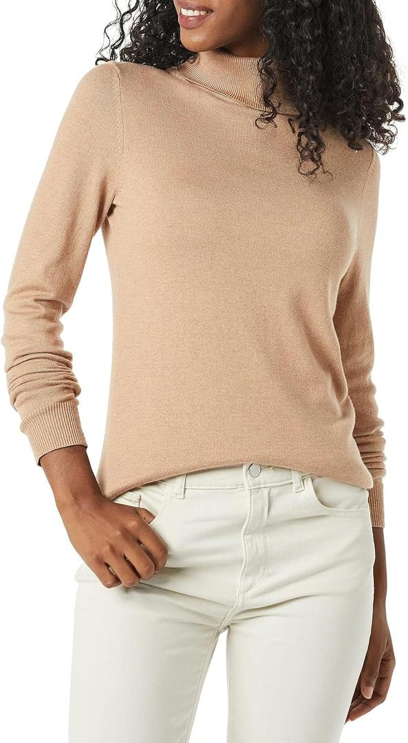 Amazon Essentials Women's Classic-Fit Lightweight Long-Sleeve Turtleneck Sweater (Large, Taupe Heather)