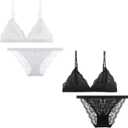 Lace Bralettes for Women Floral Adjustable Thin Strap V Neck Hook Eye Unpadded Triangle Bralette Wire Free Bra (Medium, 2 Pack-Set (Black, White)
