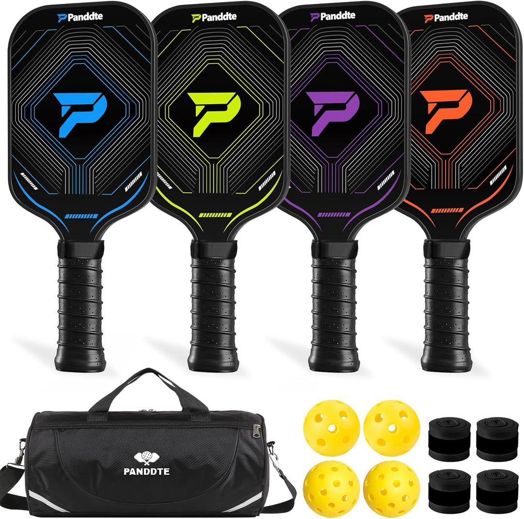 Pickleball Paddles Set of 4, Complete Family Starter Kit 4 Balls (Indoor & Outdoor), 4 Overgrips & Bag, Lightweight Carbon Fiber Rackets for Beginners & Intermediate, Ready to Play Anywhere