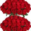 50 PCS Fake Red Roses, Artificial Red Flowers Bulk Realistic Silk Faux Rose with Stems for Wedding Decoration Anniversary Bridal Bouquet DIY Floral Arrangement Romantic Home Decor Gifts