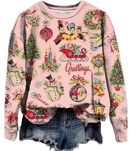 Huovud Vintage Christmas Shirts for Women Long Sleeve Vintage Santa Claus Shirts Fashion Christmas Holiday Tops (As Shown-7, XX-Large) White