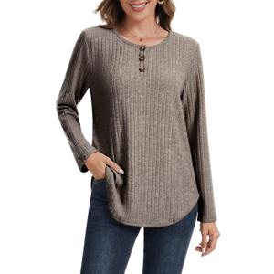 MAGICATELIER Women Long Sleeve Sweater Button Crew Neck Fall Winter Outfits Cute Tunic Tops Plus Size Shirt Loose Fit Dressy Casual Blouse Coffee (XL)