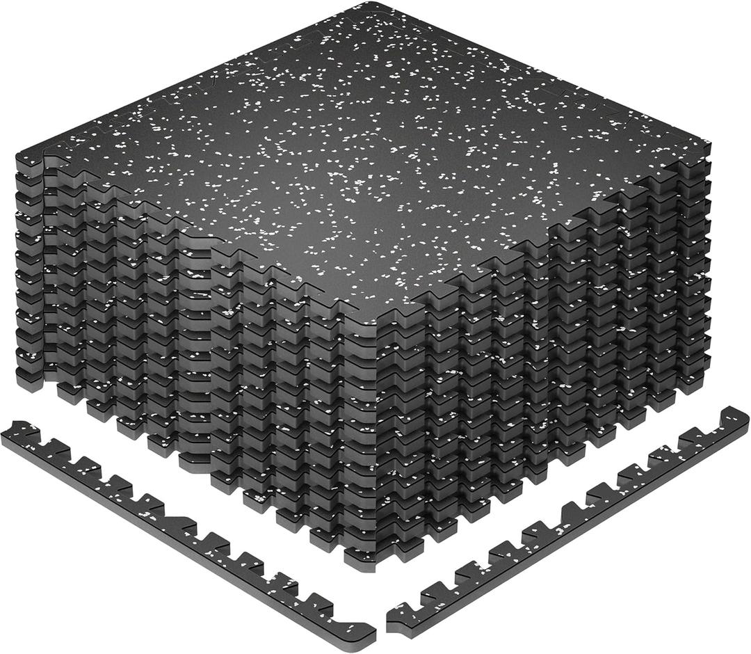 SUPERJARE 0.79'' Extra-Thick Exercise Equipment Mats, 12 Pcs 48 Sq Ft Rubber Top Floor Tiles with High Density EVA Foam, Interlocking Gym Flooring for Home Gym, Workout Mat, Black/Grey (12 Tiles (48 Sq Ft))