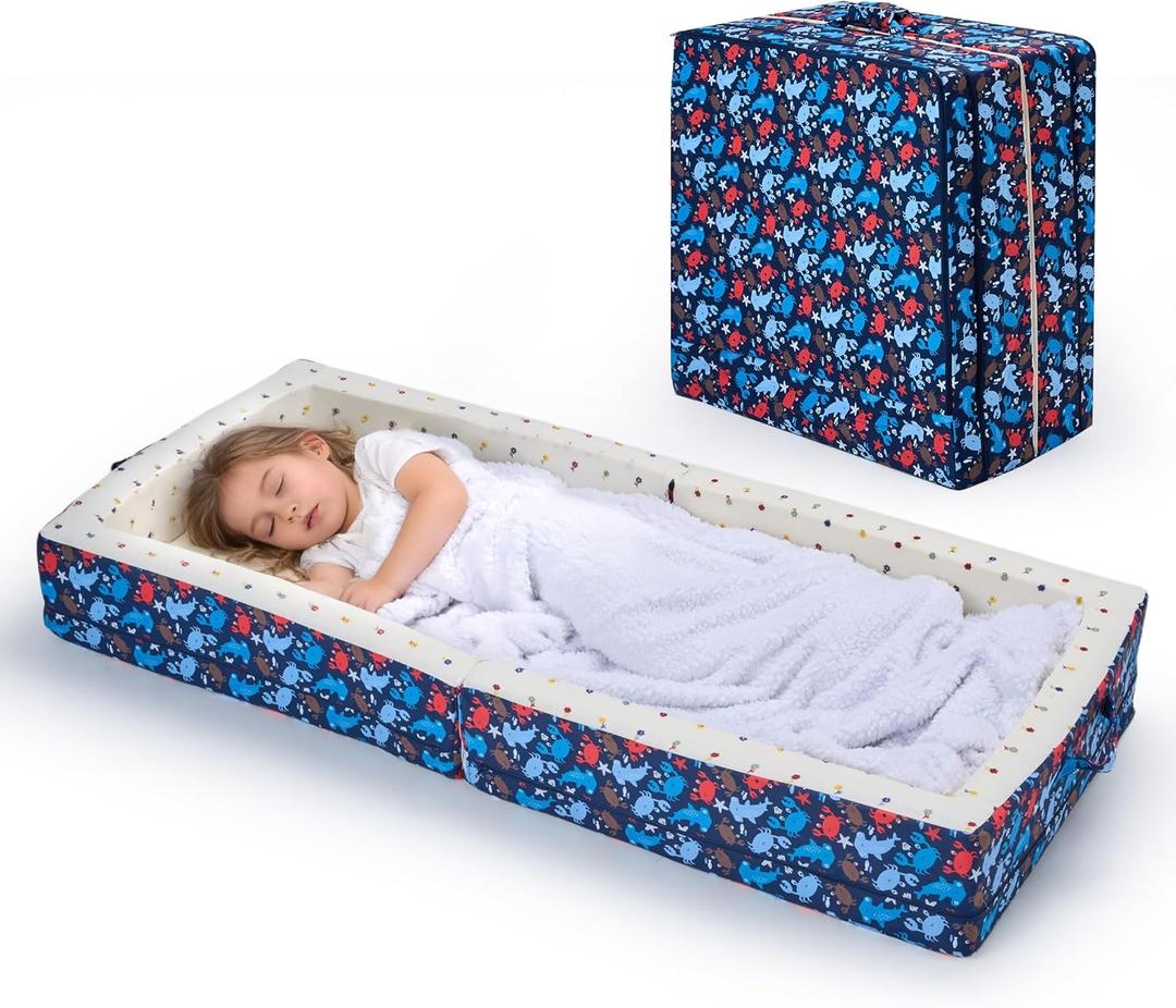 100% Cotton Lining Portable Foldable Toddler Travel Bed - Soft Foam Floor Bed with Washable Cover, Safe and Comfortable Toddler Crib, Ocean Blue