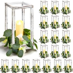 Sabary 20 Sets/ 40 Pcs Wooden Lantern Candle Holders with Candles for Wedding Decoration Vintage Table Centerpiece Farmhouse Rustic Candle Lantern for Indoor Fireplace Dining Party Decor (White)