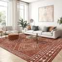 ILANGO Area Rugs 9'x12' for Living Room Machine Washable Red Area Rugs Modern Dedroom with Rubber Backing Non Slip Carpet for Farmhouse Dining Room, Ultra-Thin, Foldable, Easy Clean (Tulum | Dark Orange)