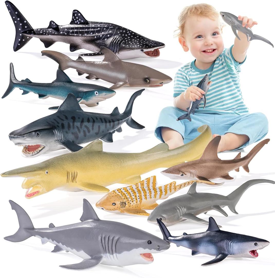 THINKBAY 10PCS 5-8" Shark Toys for Toddlers 3-5 5-7, Sea Ocean Animals Bath Toys for Kids Age 3 4 5 6 7 8, Shark Figurines Cake Toppers, Birthday Party Favors & Gifts for Kids Ages 3 4 5 6 7 8