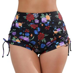 Halcurt Women's High Waisted Swim Board Shorts Tummy Control Side Tie Adjustable Tankini Swimsuit Bottoms (X-Large, Black Floral)