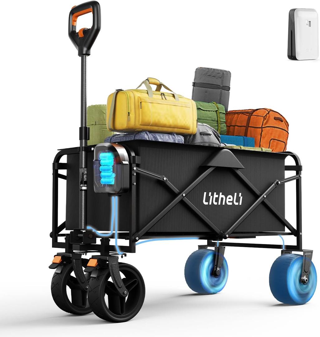 Litheli Electric Collapsible Wagon Cart Foldable, 100L Portable Folding Wagon Cart with Wheels, Outdoor Lightweight Utility Carts for Beach Grocery Camping Shopping (Black)