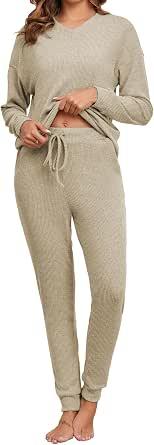 Famulily Loungewear Sets for Women Casual V Neck Long Sleeve Tops and Jogging Bottoms Leisure Suits 2 Piece Outfits Tracksuits with 4 Pockets S