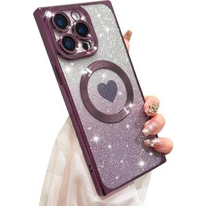 SAKUULO Case for iPhone 15 Pro Max 6.7 inch Cute Plating Clear Case [Compatible with Magsafe] Plating Heart Glitter Soft TPU Shockproof Camera Protection Bumper Cover for iPhone 15 Pro Max,Purple