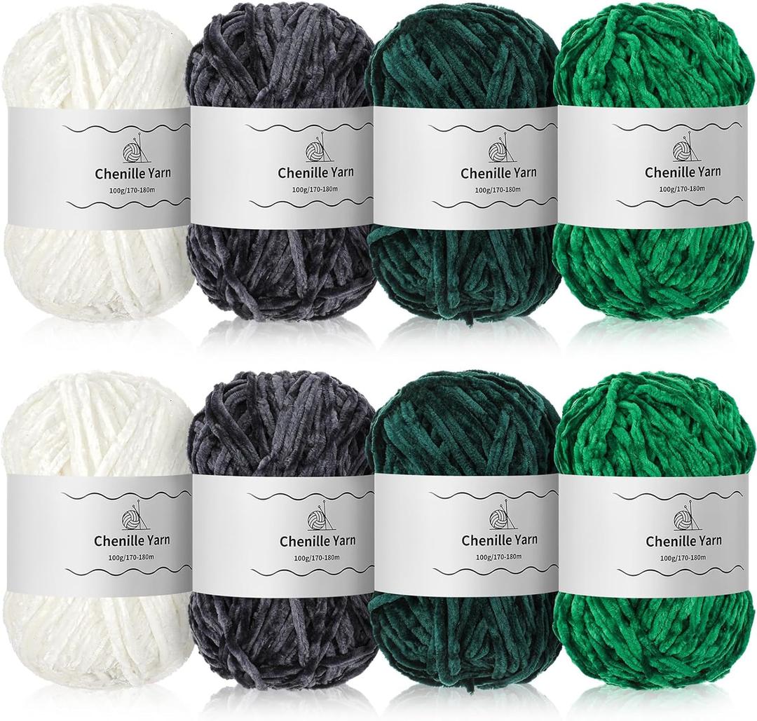 Timgle 8 Skein 1575yd Chunky Chenille Yarn for Crocheting, Fluffy Velvet Yarn Crochet, Soft Plush Chunky Stuff for Hand Knitting Blanket, 3.5oz(White, Gray, Dark Green, Green)