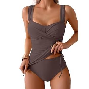 B2prity Tankini Swimsuits for Women Tummy Control Two Piece Bathing Suit High Waisted Wrap Swim Suit with Bottom Swimwear Coffee, XX-Large