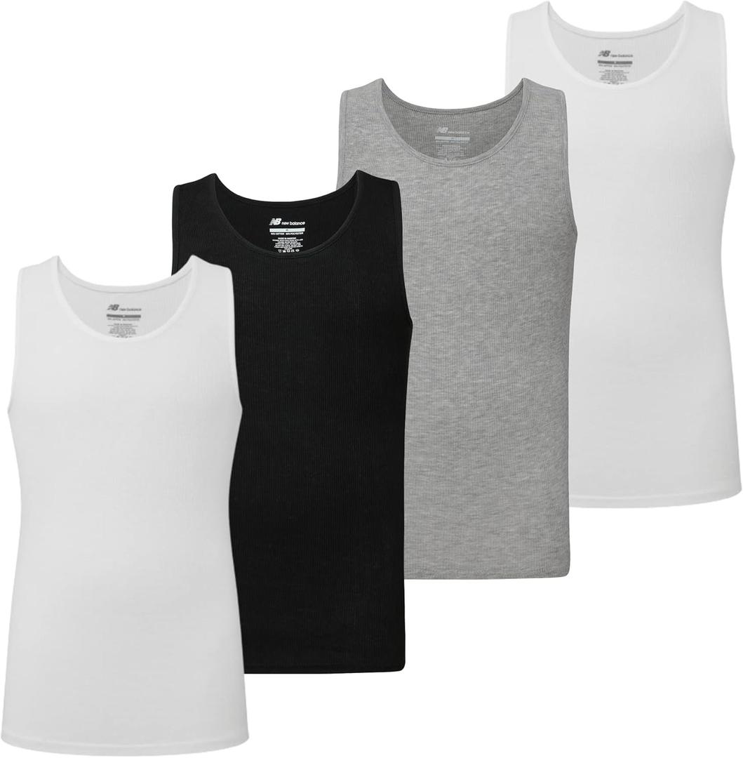 New Balance Men's Cotton Performance Rib Sleeveless Tank Top Undershirt (3 Pack Or 4 Pack) (Medium, Black/White/Lt. Heather Grey)