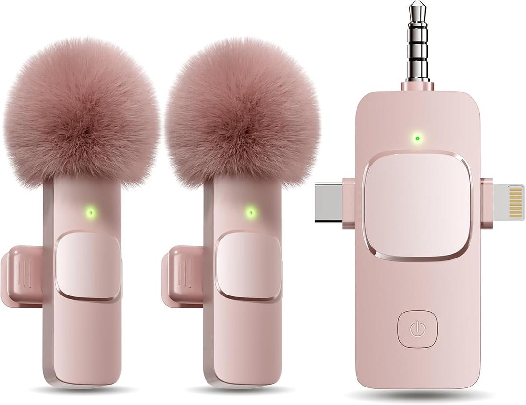 PQRQP 3 in 1 Wireless Lavalier Microphone for iPhone, iPad, Android, Camera, Mini Microphone, 7-Hour Battery, High Definition Sound Quality for Interview, Video Podcast, Vlog (Pink)