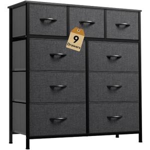 DWVO 9 Drawers Dresser for Bedroom, Fabric Storage Tower for Living Room, Entryway - Sturdy Steel Frame, Wooden Top & Easy Pull Fabric Bins (Black Grey Print)