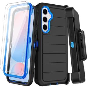 for Samsung Galaxy S24 FE Case with Belt Clip Holster & Kickstand,2X Screen Protectors, Heavy Duty Shockproof Drop Protection Bumper Military Grade Full Body Non Slip Rugged Durable Phone Cover (Black Blue#1)