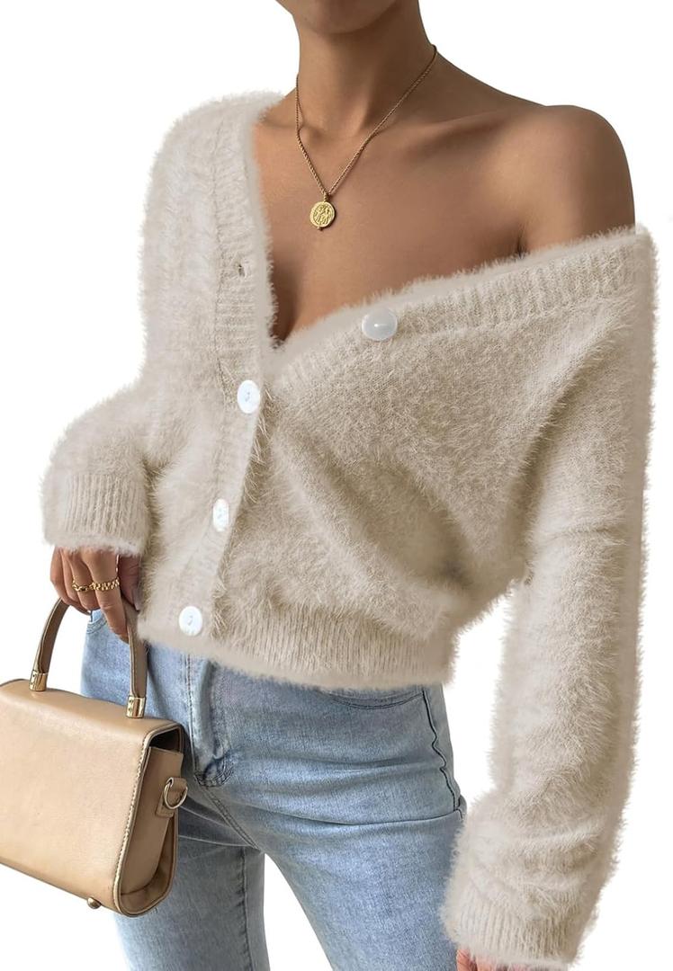 Pink Queen Women's Furry Cropped Cardigan Batwing Sleeves Open Front V-Neck Button Down Loose Casual Knit Sweater Coat (Medium)