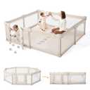 Sweeby Foldable Baby Playpen, 79x71 Playpens for Babies and Toddlers Large Play Yard with Door Baby Fence with Gate and Indoor & Outdoor Play Pen, Light Khaki