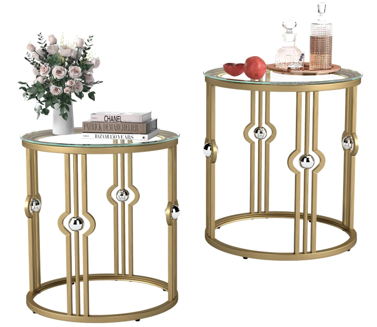 OIOG Glass Side Table Set of 2, Living Room End Table with Tempered Glass & Metal Frame, Gold Side Table for Bedroom Office, 2 PC