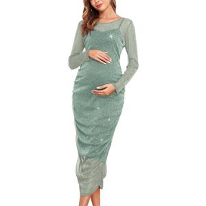 Maternity Mesh Dress Ruched Side Round Neck Pregnancy Dresses Baby Shower Wedding Guest Cocktail Party 2025 Fall (Medium, Sparkly Sage Green, Size Down for Best)