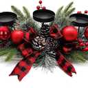 27.5-Inch Christmas Table Centerpiece with Candle Holders, Red Berries, and Pine Cones