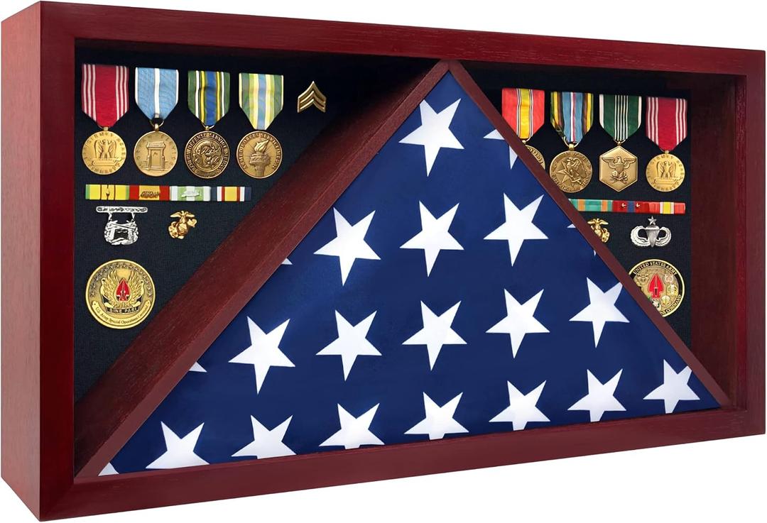 Large Military Shadow Box - Solid Wood Flag Case for 5' x 9.5' American Veteran Burial Flag, Velvet Like Felt Lining for Medals, and Polished Plexiglass (Mahogany)