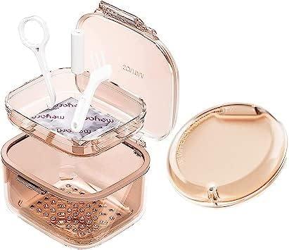 Retainer Case, Retainer Cleaner Case 2 Pack, Portable Denture Cases and Unique Denture Bath with Drain Tray, Denture Bridges, Partial Dentures, Traditional Braces, Etc. (Orange)