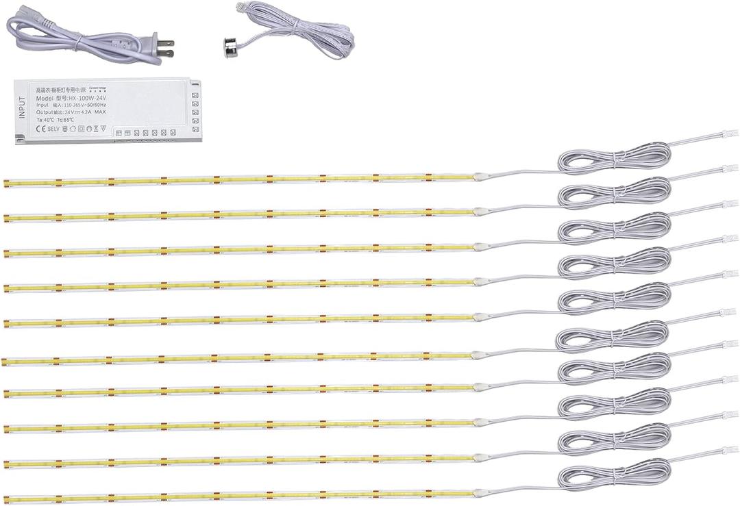Dimmable Under Cabinet Lights with Touch Switch, 96 LEDs per feet, White(6500K) Lights kit for Kitchen Cabinets Counter Shelf Bookcase Closet (Cool White, 10 * 2Ft LED Strips)