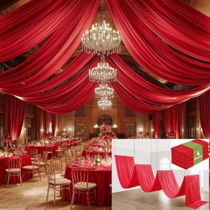 4 Panels 5x40ft Red Ceiling Drapes for Wedding Parties, Wrinkle Free Thick Polyester 40ft Extra Long Wedding Draping Red Ceiling Curtains Arch Drapery for Birthday Party Canopy Tent Decor, 240"W x 480"L