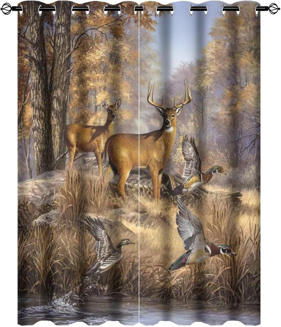 Rustic Cabin Deer Room Darkening Blackout Window Curtains with Grommets,Vintage Country Farmhouse Fall Forest Wildlife Pheasants Print Energy Efficient Window Treatment 2 Panels 54L x 21W