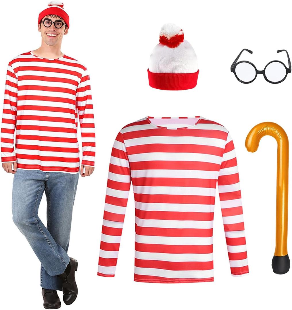 Adult Red and White Striped Cosplay Costume for Men Stripes Chirstamas Costumes Set with Glasses Hat Inflatable Cane (XXL)