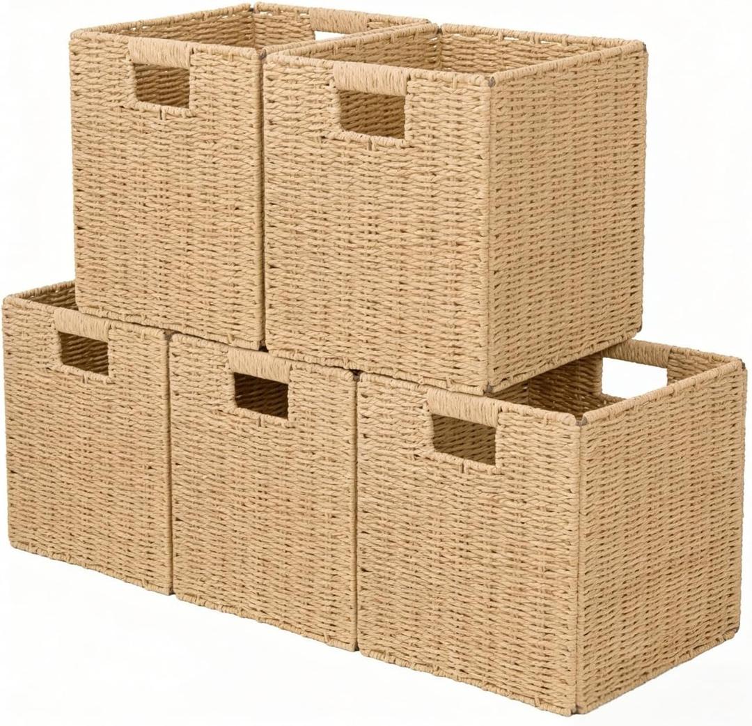 10.5x10.5'' Cube Storage Baskets, Set of 5 Natural Paper Rope Multipurpose Collapsible Organizers, Woven Laundry Totes for Laundry, Storage Cubes,Wicker Baskets Laundry Organizer Totes for Home