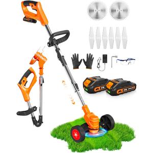 21V Cordless Weed Wacker, Electric Weed Eater Battery Powered, Lightweight Weed Trimmer with 2 Batteries, 3 in 1 Grass Trimmer/Brush Cutter/Edger Lawn Mower with 2 Types Blade & Wheels for Garden Yard (Orange)