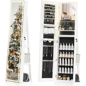Jewelry Cabinet Standing, Lockable Armoire With Adjustable Lights and Full-Length Mirror, Space-Saving Organizer, 360°Swivel White