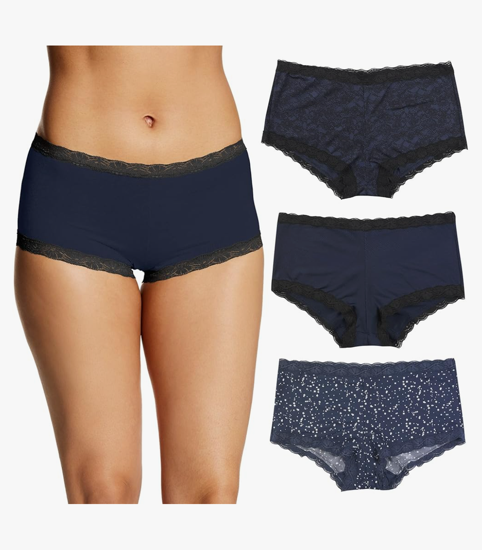 Maidenform Women's Boyshort Underwear, Microfiber With Lace Boyshort Panties, One Fab Fit, 3-pack, Size M