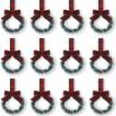 Retrowavy 12 Pcs Christmas Kitchen Cabinet Wreaths with Ribbon 3.94 Inch Mini Christmas Wreath Small Kitchen Xmas Decor for Window Door(Multicolor Plaid,Snowy Style)