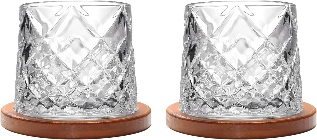 Rotatable Old Fashioned Glass Cup, 275ml/10oz Crystal Whiskey Glass Set of 2, Wood Coaster, Thickening, Used as Rum Glass Cup, Cocktail, Coffee, Milk to Relax and Reduce Stress, Christmas gifts (Clear Diamond Style)