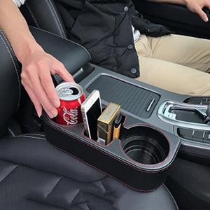 IOKONE Car Cup Holder, Auto Cup Drink HoldersMultifunctional Auto Front Seat Organizer with PU Leather Cover, Gap Filler Storage Box Coin Bucket Console Side Pocket Cell Mobile Phone Holder (Black)