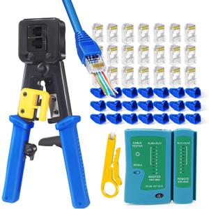 RJ45 Crimp Tool Cat6 Cat5e Cat5 Ethernet Crimper Kit for RJ45 RJ12/11 Pass Through Connectors with 50pcs rj45 Cat6 Pass Through Connectors, 50pcs Covers, Wire Stripper; Network Cable Tester