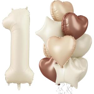 40 Inch Cream 1 Balloon Decor, Beige Tan Brown Heart Balloons, Foil Neutral Nude Sand White Helium Star Number 1 Balloons for Girls 1st Birthday Anniversary Baby Shower Party Boho Decoration Supplies