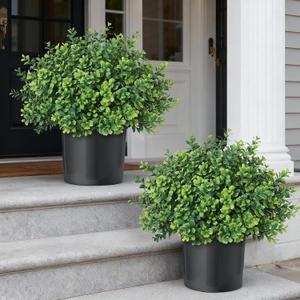 Set of 2 Artificial Boxwood Topiary Trees for Front Door - Faux Realistic Greenery Potted Plants, Fake Outdoor UV-Resistant Bushes with Pots for Porch,Farmhouse,Home,Garden Decor