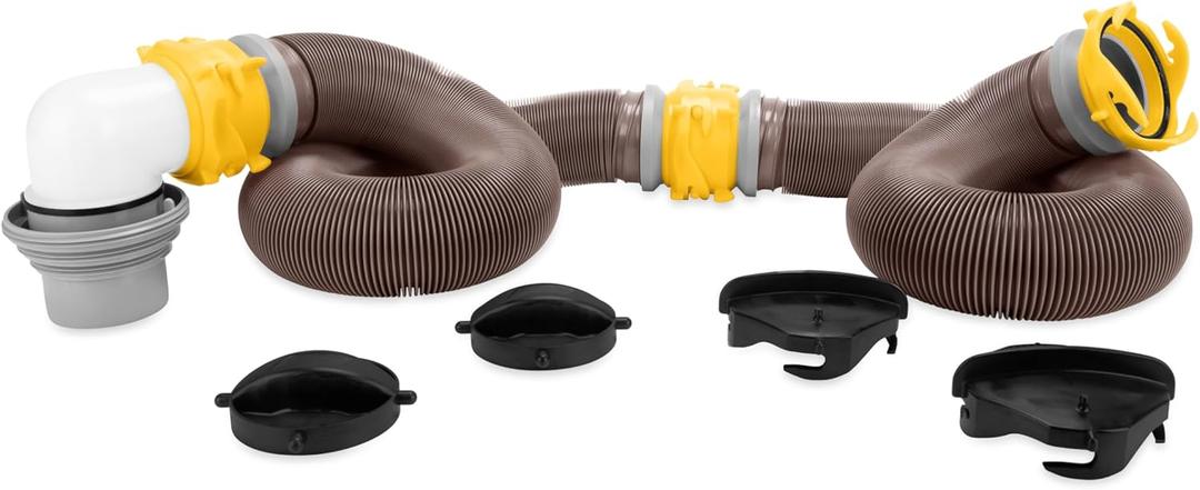 Camco Revolution 20-Ft Sewer Hose Kit - Features Translucent Elbow Fitting w/ 4-in-1 Adapter - Connects to 3 Slip or 3/3.5/4 NPT Threaded Sewer Connection (39634)