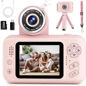 Kids Camera Girls for 3 4 5 6 7 8 9 Years Old Girls,1080P HD Video Selfie Camera with 32G SD Card Kids Digital Camera Toys for Toddler Birthday Gifts Pink (Beige)