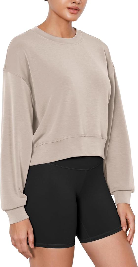 ODODOS Modal Soft Long Sleeve Cropped Sweatshirts for Women Oversized Crew Neck Pullover Crop Top (XS)