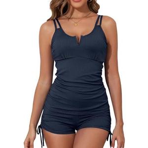 Aleumdr Womens 2 Piece Swimsuit Tankini Top with Boyshorts Athletic Bathing Suit High Waisted Tummy Control Swimwear (Navy Blue, Medium)